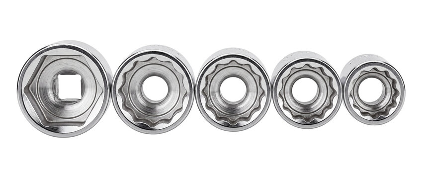 Socket wrench set chrome tools lined up on black background for automotive mechanic repair maintenance work, professional industrial hardware equipment, metallic shiny steel ratchet driver heads