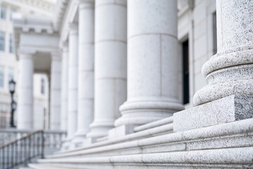 Fototapeta premium Grand White Marble Columns and Stairs of a Neoclassical Building, Symbolizing Justice and Authority