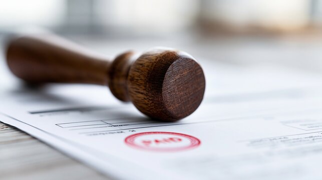 Close up of a wooden handled rubber stamp imprinting the word PAID in red ink on a document