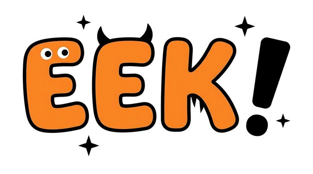 Playful orange cartoon lettering spelling eek with devil horns and sparkling stars