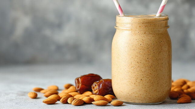 Creamy almond and date smoothie in a glass jar with striped straws on a rustic grey surface.