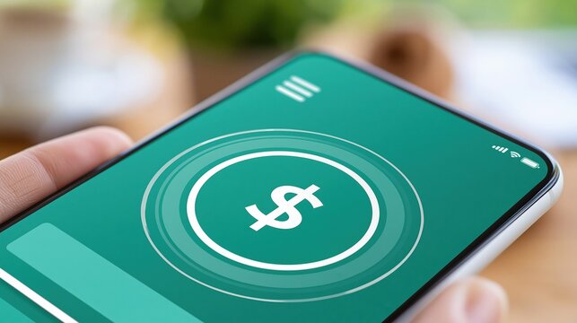 Smartphone displaying digital banking app interface with prominent dollar sign icon for online finance transactions
