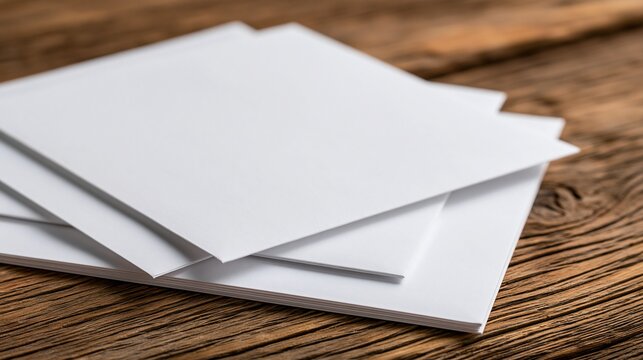 Stack of blank white paper sheets on rustic wooden background, ready for design and writing