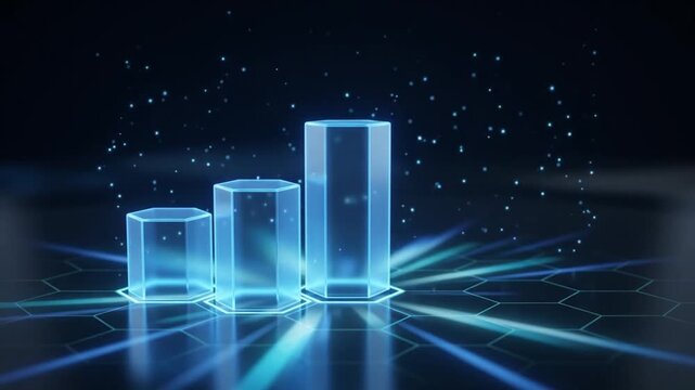 Abstract futuristic 3D bar chart with glowing blue hexagonal pillars on dark background representing data visualization and business growth concept