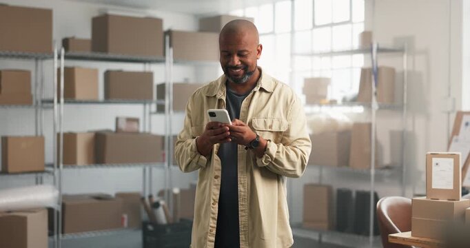 Laugh, man or phone in small business for logistics, funny delivery request or shipping joke. Supply chain, mature black person or happy with mobile for comic courier chat, distribution meme or order