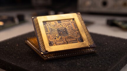 Fototapeta premium A close up of a vintage gold computer processor chip resting on a piece of black ad social media download thambnail poster web template event festival 2026 2027 2028