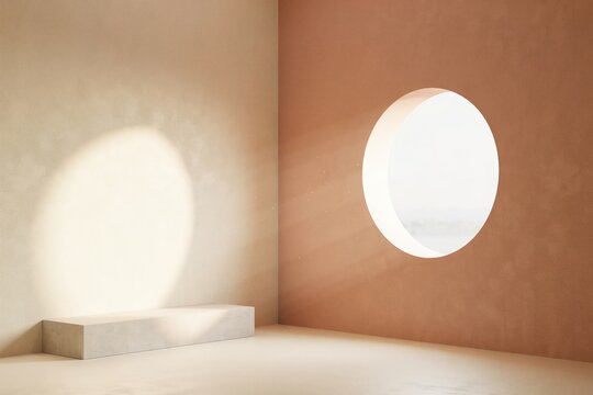 Minimalist interior room with large circular window and illuminated pedestal stage, interior