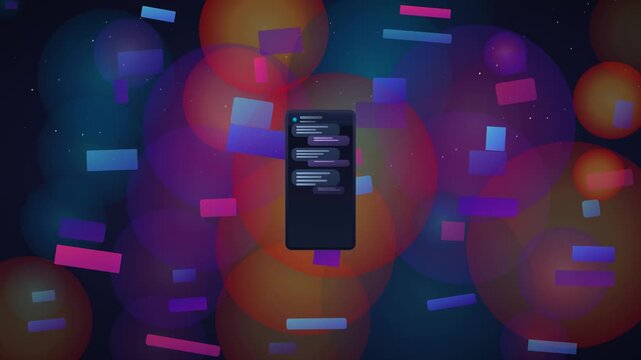 Animated Smartphone Screen Displays Dynamic Chat Message Bubbles On A Vibrant Abstract Background