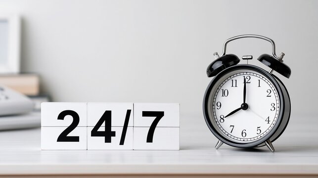 A black alarm clock sits next to wooden blocks displaying the number twenty four slash seven on a white desk surface.