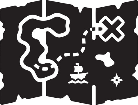 Vintage pirate treasure map vector icon, antique nautical chart with ship and X marks the spot, old paper adventure map