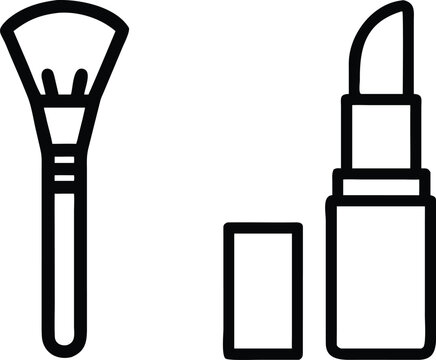 Two simple line of a makeup brush and a lipstick, isolated on a white background, for beauty and cosmetic tools