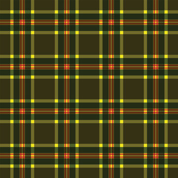 Seamless dark brown plaid pattern with thin intersecting yellow and red lines, creating a classic tartan textile design.
