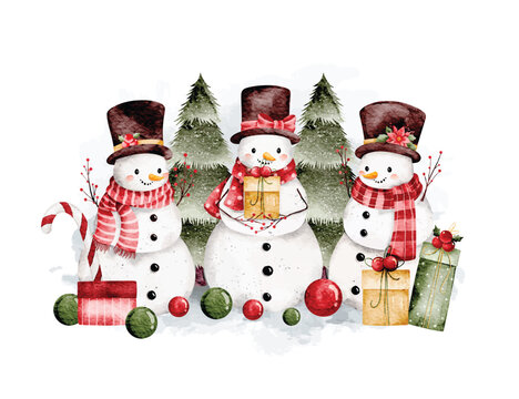 Watercolor Illustration of Snowman and Christmas Decorations