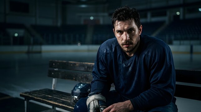 Exhausted ice hockey player sitting on bench in empty arena