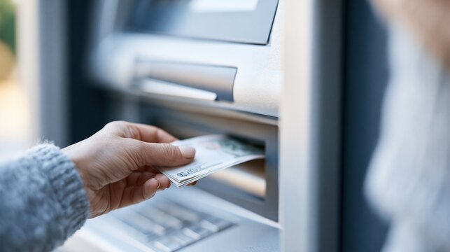 Close up of person's hand inserting cash into an ATM machine for withdrawal or deposit