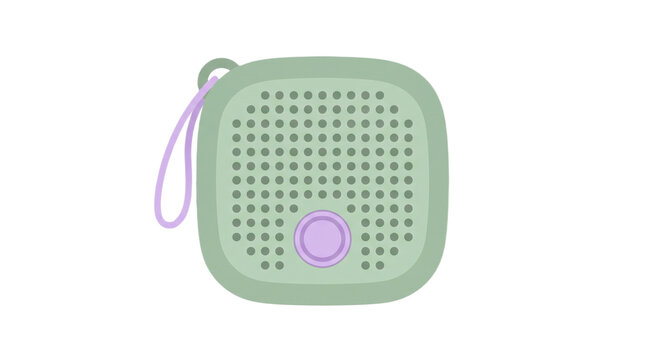 A flat vector illustration of a small portable green wireless speaker with a purple button.
