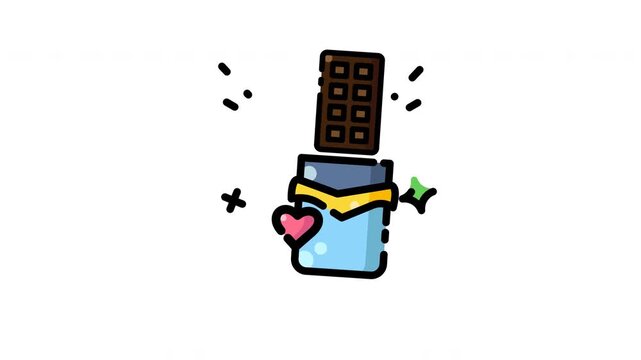 Animated sweet chocolate bar in a blue wrapper. Heart symbol and sparkles show joy and delight. Ideal for food, dessert, or holiday themes. Perfect for playful designs or candy promotions
