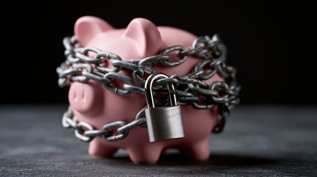 Pink piggy bank secured with a heavy metal chain and padlock, symbolizing financial security and locked savings