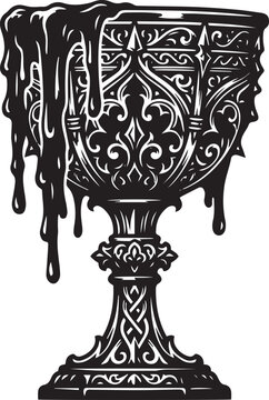 Gothic ornate chalice with dripping liquid, vintage medieval goblet vector, dark fantasy holy grail illustration