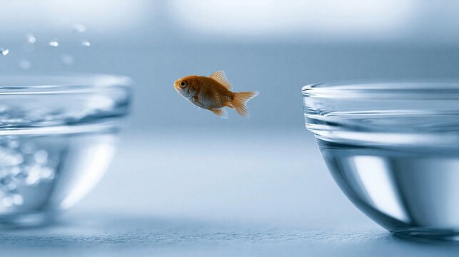 Goldfish leaping from one glass bowl of water to another, symbolizing change and ambition