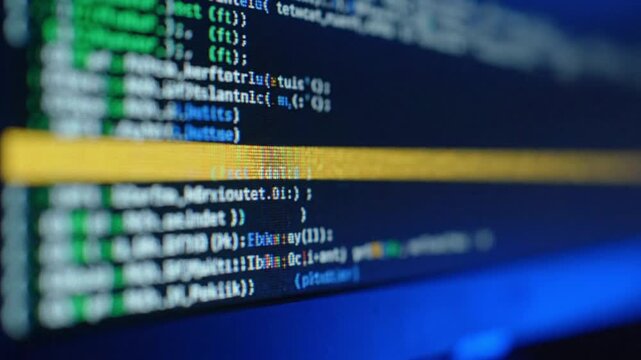 Abstract computer code displayed on a computer screen showing software development process.
