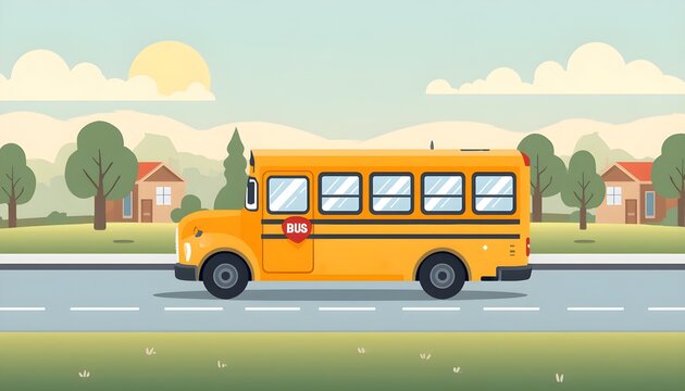 Yellow school bus driving on a suburban road, vector illustration of student transport.