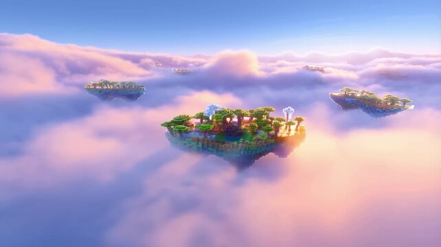 Floating pixelated islands drift above soft clouds in a serene cinematic landscape view