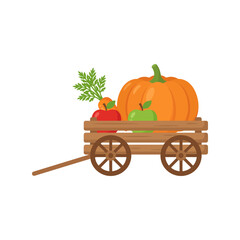 Wooden wagon filled with a big orange pumpkin and fresh red and green apples for autumn harvest Vector © azad