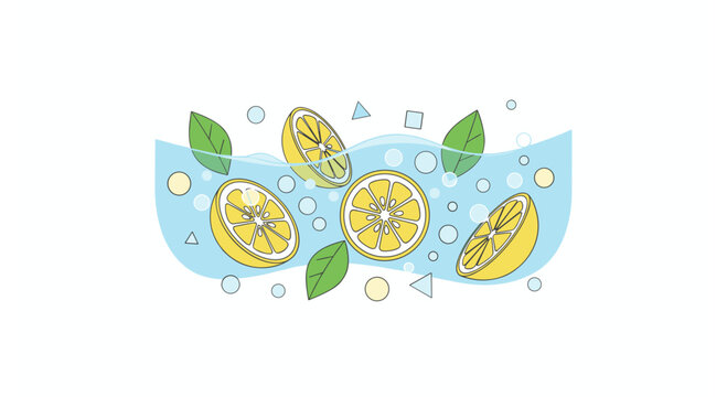Refreshing lemon slices floating in clear water with bubbles and green leaves.