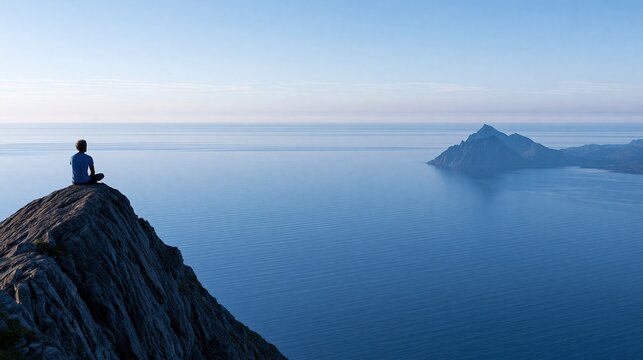 Person meditating peacefully on a rocky mountain peak overlooking a calm blue ocean and distant island