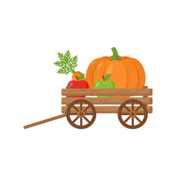 Wooden wagon filled with a big orange pumpkin and fresh red and green apples for autumn harvest Vector