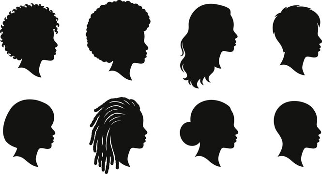 Collection of black and white female profile vector icons featuring diverse hairstyles, curls, and dreadlocks