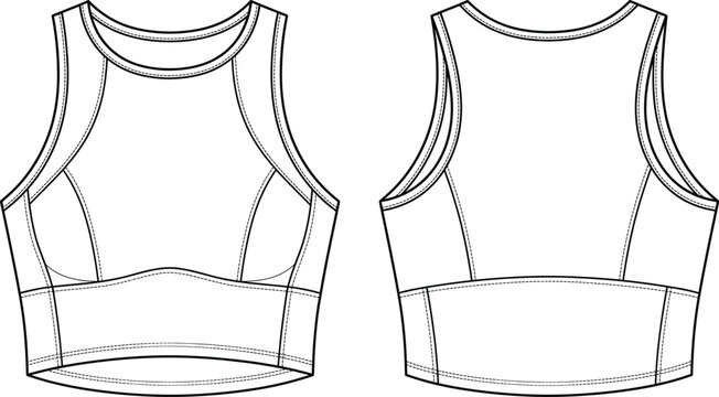 Women's sports bra and crop top technical flat sketch vector template front and back view
