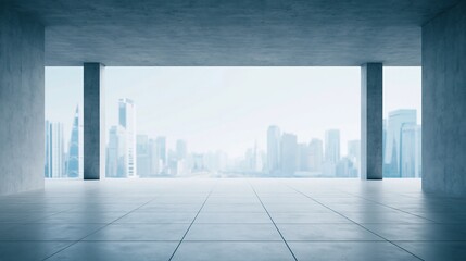 Fototapeta premium Modern concrete interior with large open window revealing blurred city skyline outside, creating minimalist and futuristic atmosphere.