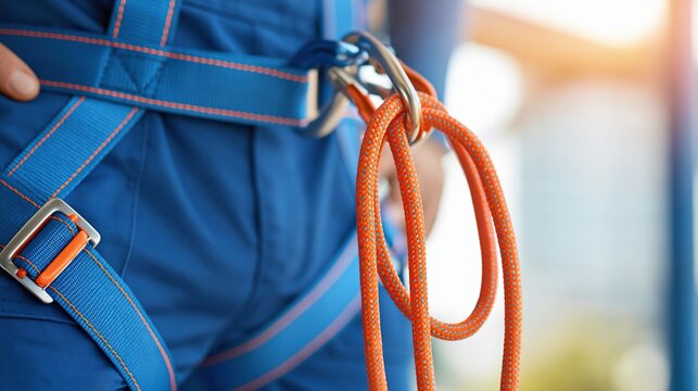 Close-up of construction worker wearing safety harness with lanyard attached for fall protection at height
