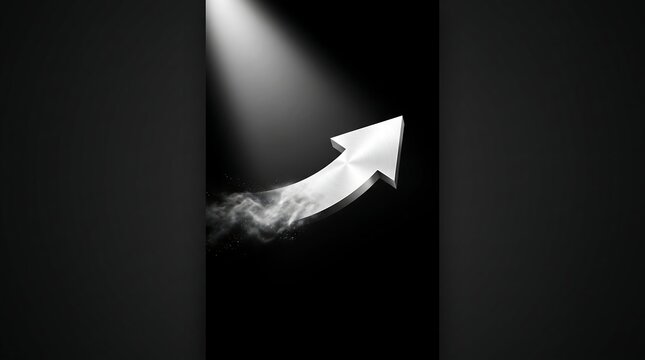 A glowing white arrow points diagonally upward against a dark black background.