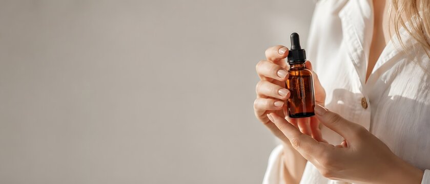 Macro close up of young woman hands holding amber glass dropper bottle mockup for cosmetics serum, premium organic skincare product and luxury wellness lifestyle concept with large copy space