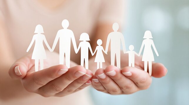 Hands carefully holding a paper cutout family, symbolizing protection and unity