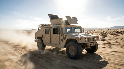 Obraz premium Military Humvee vehicle speeding across a desert landscape, kicking up dust