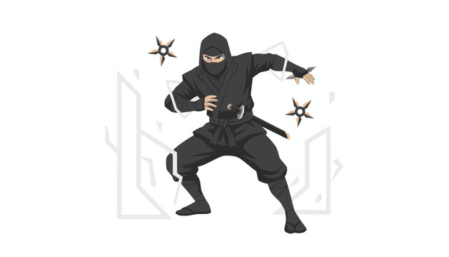 Dynamic ninja fighter in black attire holds a sword while throwing shuriken stars in a combat stance for exciting action or adventure game graphics.