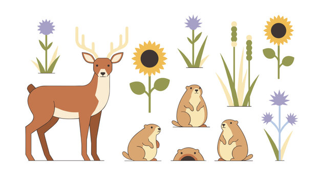 Collection of forest animals including a deer and gophers surrounded by sunflowers and other wild meadow plants in a flat design graphic style.