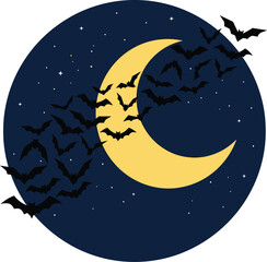 Fototapeta premium Crescent moon and bats vector illustration with dark blue and yellow tones