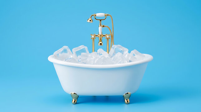 Miniature white bathtub filled with ice cubes on a blue background concept