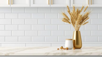 Fototapeta premium Golden Wheat Stalks in a Vase on a Marble Countertop with White Subway Tile Kitchen Background