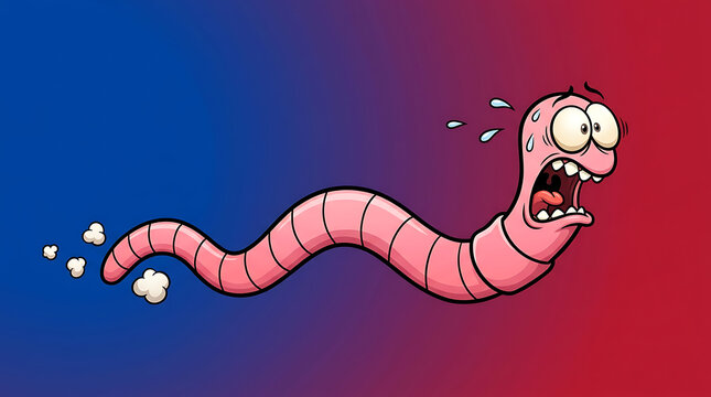 Funny Terrified Cartoon Pink Earthworm Running Away in Panic and Sweating