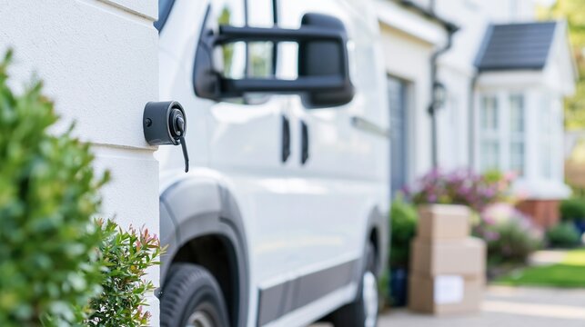 Security camera monitoring home exterior with delivery van and packages on suburban driveway