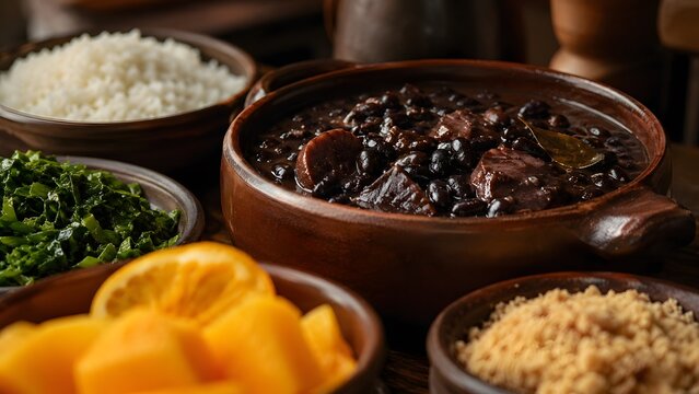 Traditional Brazilian feijoada in clay pots, black bean stew with pork and rice, rustic South American cuisine with orange and farofa