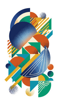 Abstract geometric collage with textured circles and triangles.