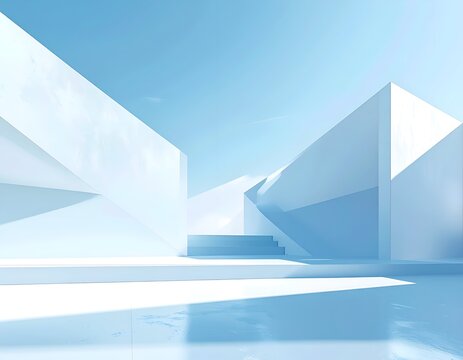 Abstract architectural design with white geometric shapes bathed in light, blue sky