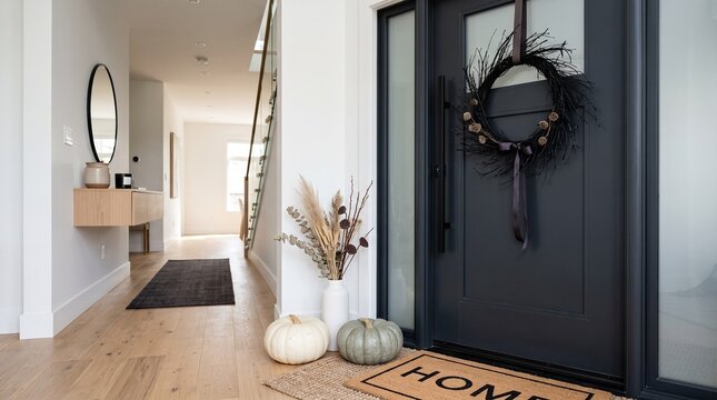 Minimalist entryway interior with black door and autumnal decor elements